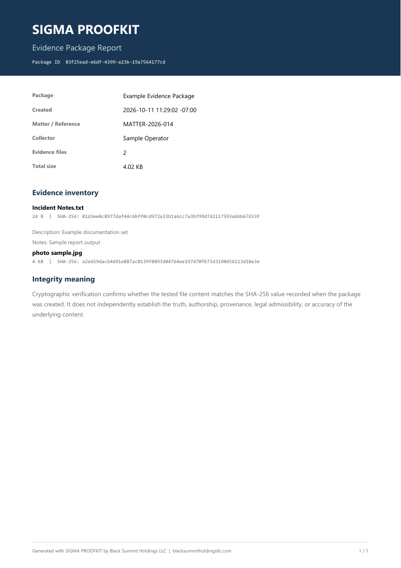 Example SIGMA PROOFKIT evidence package report showing package metadata and a file inventory